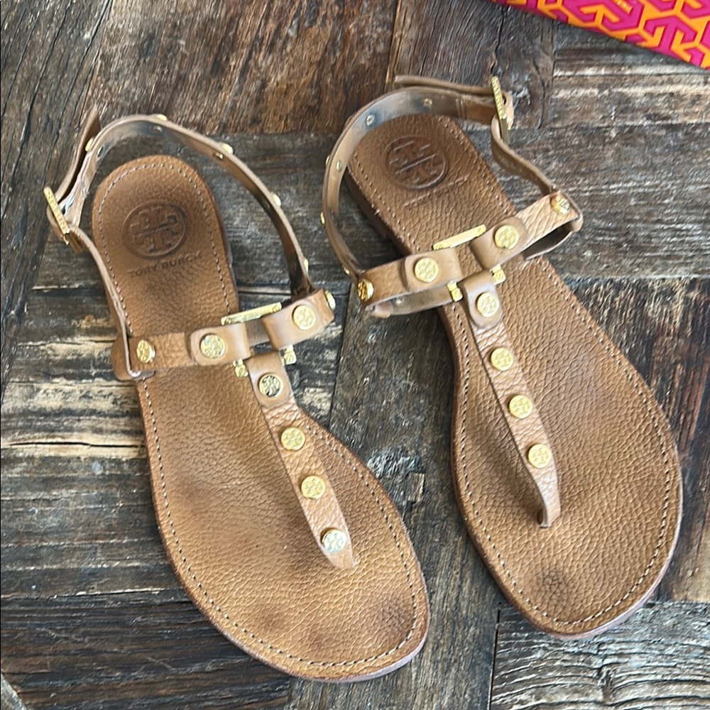 Tory Burch Brown Leather Studded T-Strap Sandals